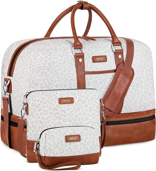 Weekender Bag for Women, Large Overnight Bag Canvas Travel Duffel Bag Carry On Tote with Shoe Compartment 21" 3Pcs Set