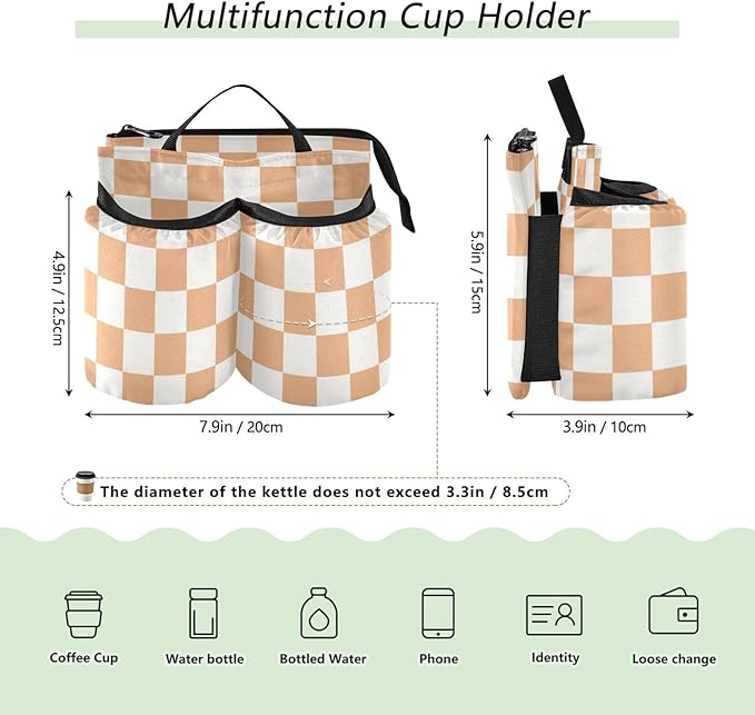 Luggage Cup Holder for Suitcases Free Hands Travel Cup Holder Portable Suitcase Cup Drink Holder Luggage Cup Caddy Bag Carrier Checkered Orange and White