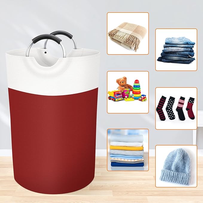 BlissTotes Laundry Basket, Laundry Hamper, Collapsible Laundry Baskets, Dirty Clothes Hamper, Waterproof Laundry Basket with Foam Protected Aluminum Handles for College Dorm, Family 75L (Red)