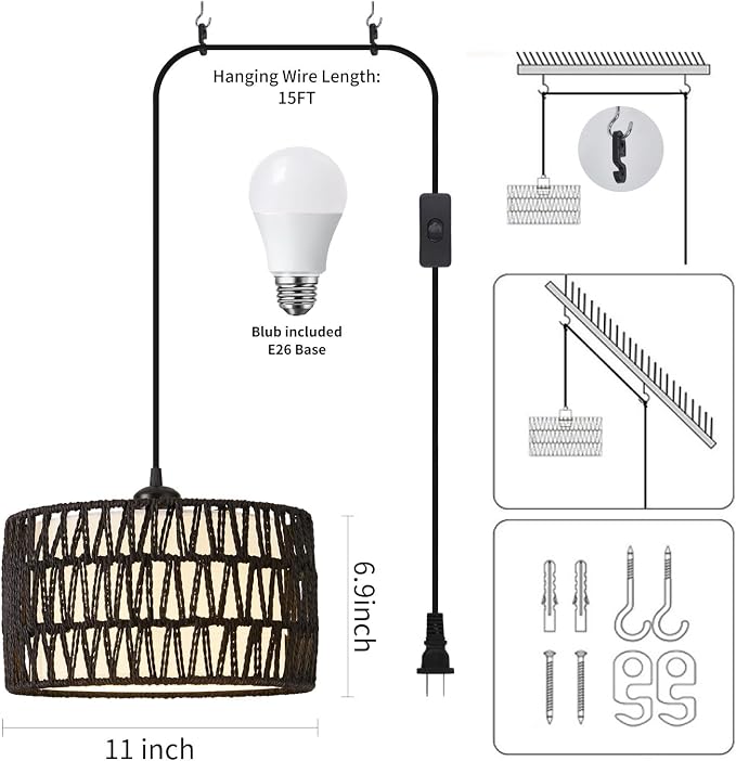 Plug in Pendant Light, Rattan Hanging Lights with Plug in Cord | Woven & Fabric 2 in 1 LampShade, Hanging Lamp Plug in for Bedroom Living Room Kitchen Island-Black (Bulb Included)