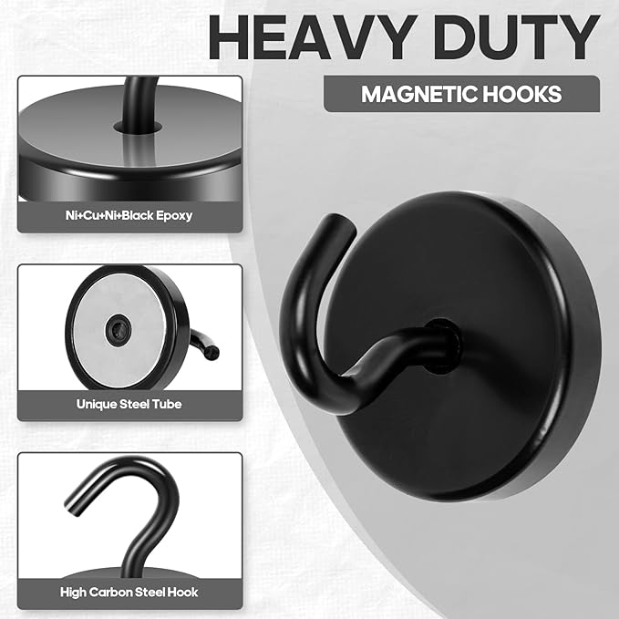 Neosmuk Magnetic Hooks, Heavy Duty 170lb Strong Magnets for Cruise Cabins, Ship Essentials, Large Metal Hooks for Hanging on Fridge(Black,Pack of 6)