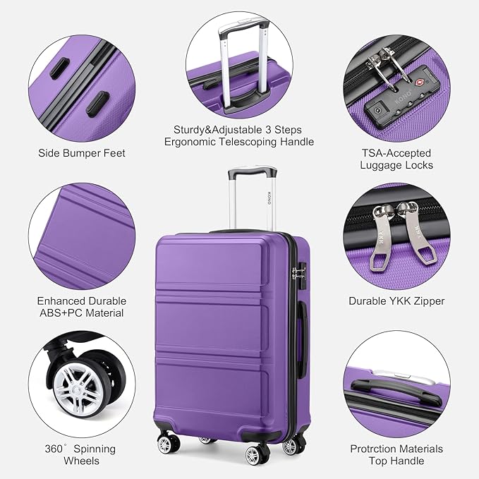 Kono Suitcase Set 3 Piece Luggage Set Expandable(only 28") Lightweight PC+ABS Carry On Hardside Luggage with TSA Lock Spinner Wheels (Purple, 6 piece set)