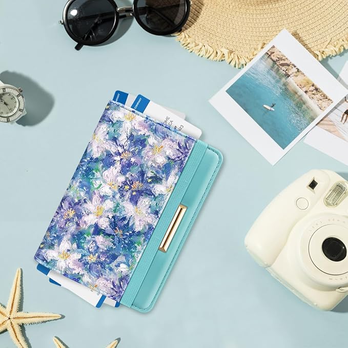 Passport Holder Cover, RFID Travel Wallet Credit Card Holder Blue Green Cute Floral Passport Book Holders for Women with Elastic Band and Golden Metal Decoration, Blue Flowers