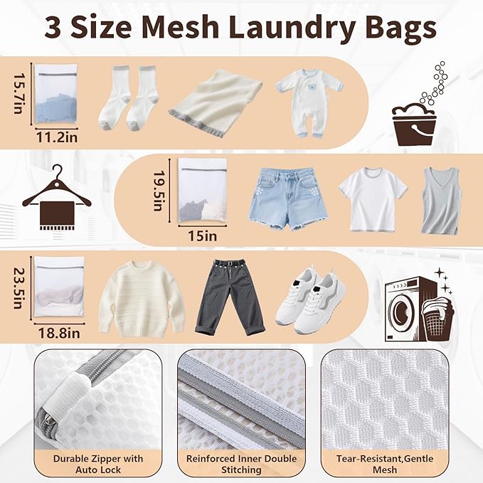 150L Laundry Bag Backpack with 3 Sizes Mesh Wash Bags and Shoulder Straps Foldable Clothes Hamper Bag with Drawstring Closure for College, Apartment, Laundromat (Tan)