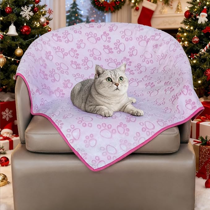 Stuffed Premium Soft Dog Blanket, with Flannel Grey Cute Paw Print, Cat Blanket Puppy Supplies Dog Products Stuff Essentials(Pink 32x40 inches)