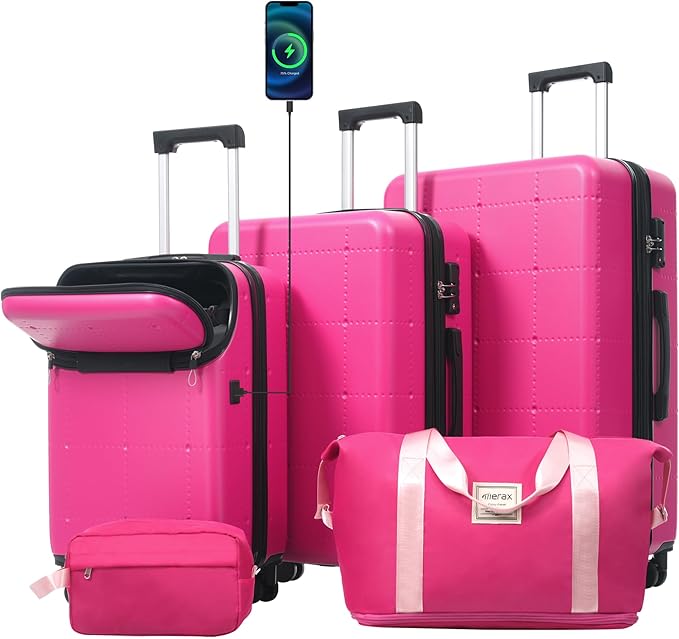 Merax Luggage Sets,5 Piece Front Half-open Hardshell Expandable Suitcase Set with Spinner Wheels and Duffel Bags,Lightweight Carry on Luggage with USB Port,20/24/28IN,Pink-1