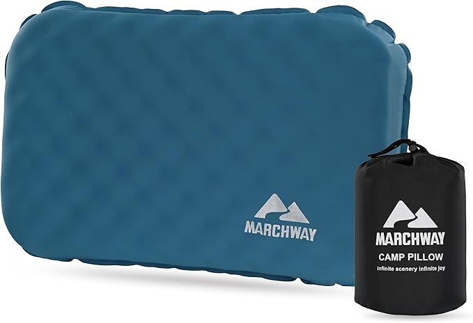 MARCHWAY Inflatable Camping Pillow with Soft Foam Top & TPU Air Bladder, Dual-Sided Support for All-Season, Lightweight Compact Travel Pillow for Hiking, Backpacking, Airplane, Car (Blue)