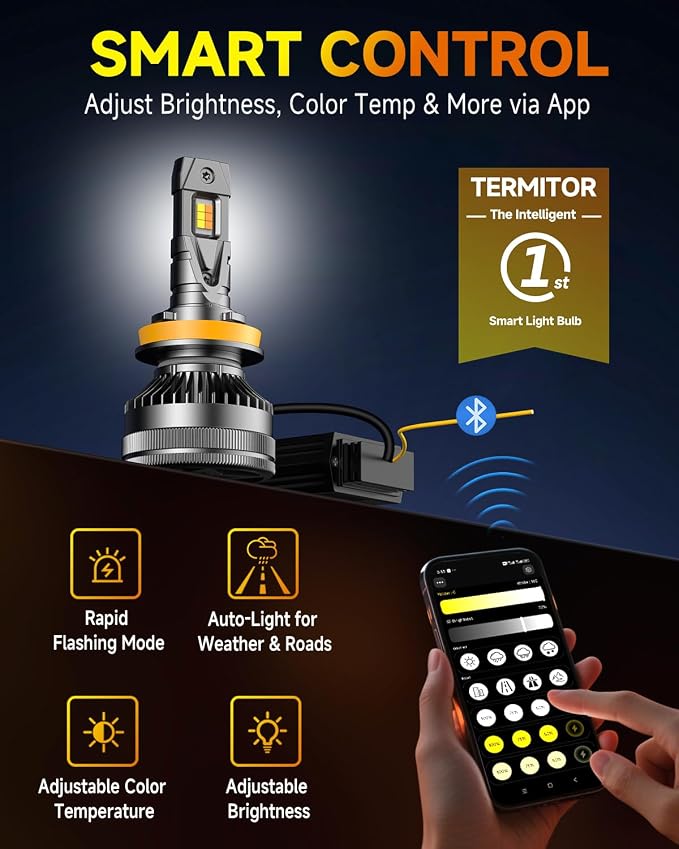 Termitor H11 Smart LED Light Bulbs, 0-136,000LM 16X Variable insane Bright | 3000K-6500K Variable, App Control One-touch Driving Mode Switching for Bluetooth H11/8/H9/H16 Fog Lights, Pack of 2