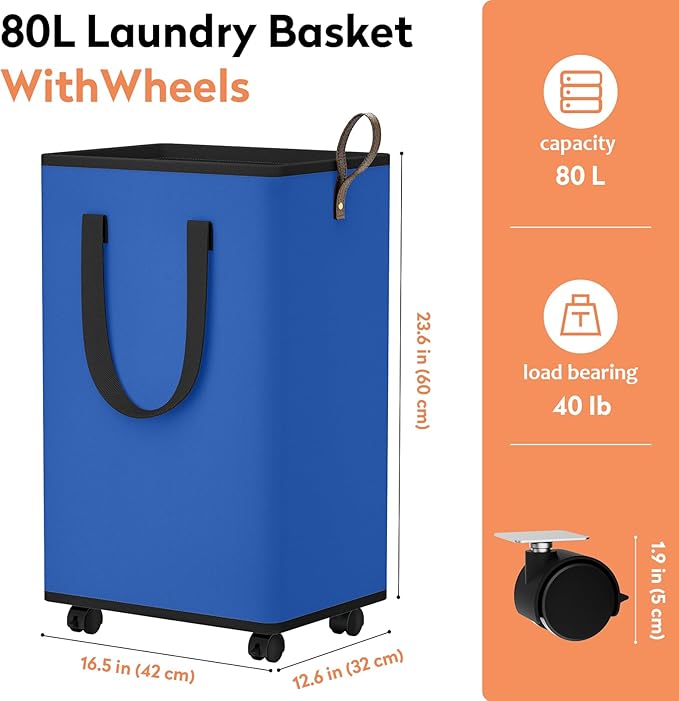 Laundry Basket with Wheels, Collapsible Laundry Baskets, Laundry Hamper with Handles Detachable Wheels, Rolling Laundry Basket, Dirty Clothes Hamper for Bathroom, Dorm, Bedroom, Blue, 80L