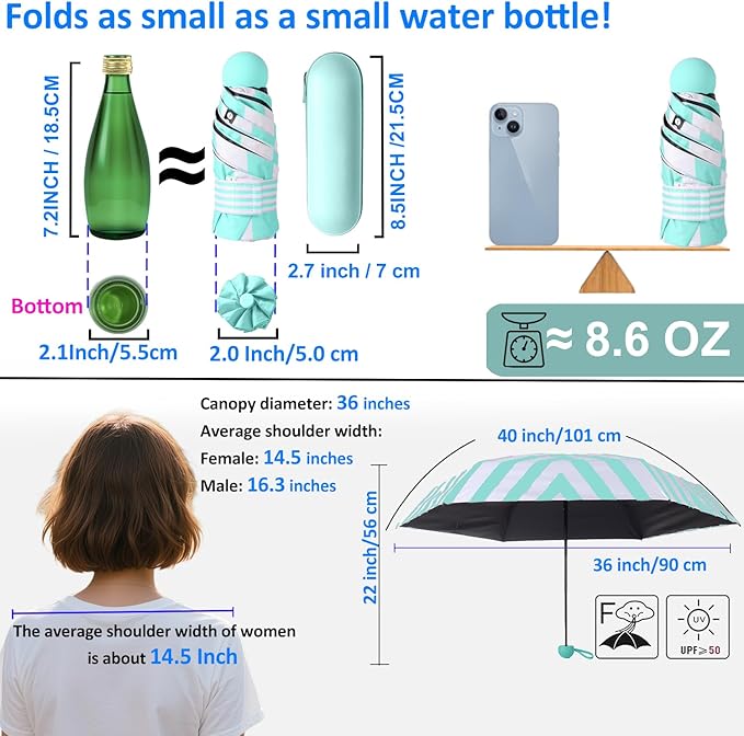 BAODINI Travel Essentials Mini Umbrella for Purse With Case Small Compact UV Sun Protection Lightweight Tiny Pocket Manual Open Close Umbrella for Women Kids and Men Fits Purse Backpack