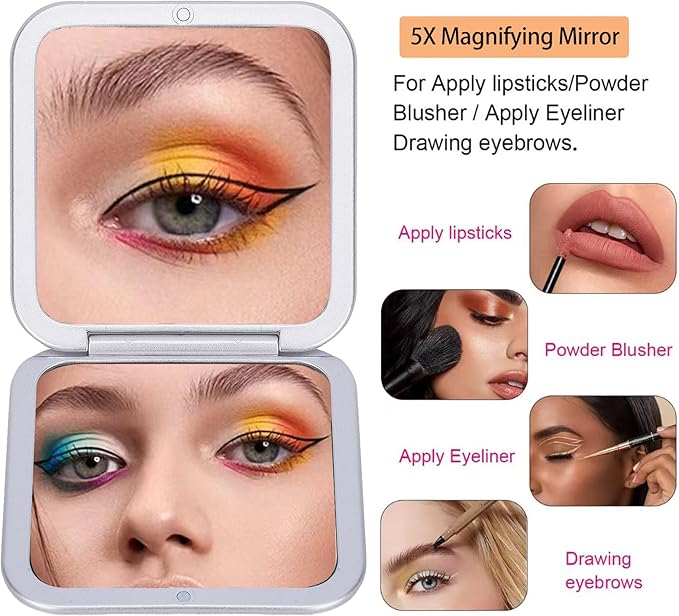 CYHTSHFZ Small Compact Mirror for Purse,5X/1X Travel Magnifying Mirror for Women, Makeup Mirror for Girls, Portable Ultra Slim Pocket Mirror（Silver）