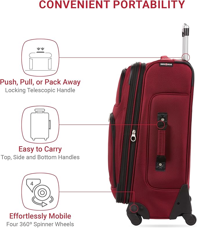 SWISSGEAR Sion Softside Expandable Spinner Luggage Durable Lightweight Travel Suitcase, Burgundy, Checked-Medium 25-Inch