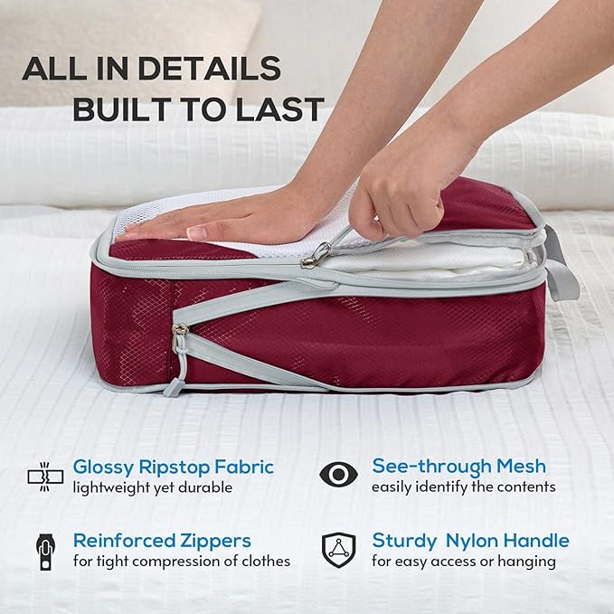 Compression Packing Cubes, 7 Set Packing Cubes for Travel Compression, Lightweight Compressible Package Organizer for Carry On and Suitcases, Wine