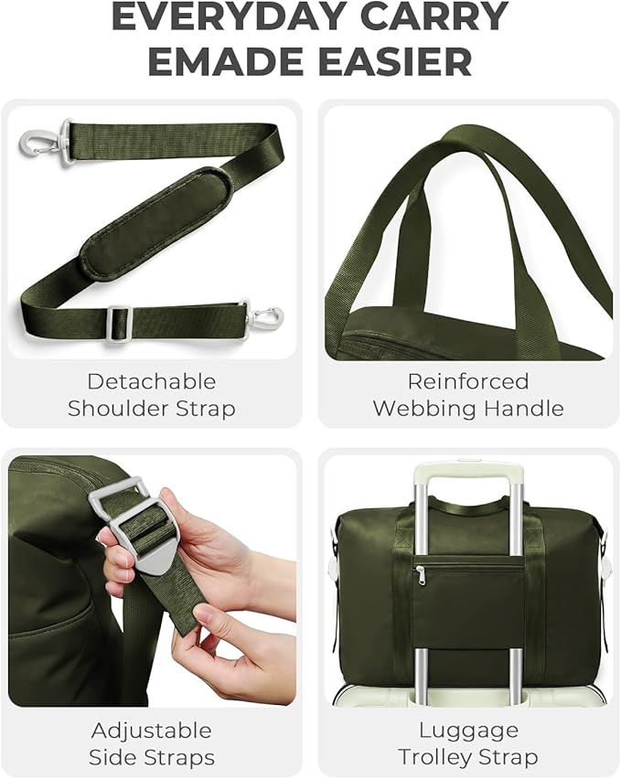 Percover Weekender Travel Duffel Bag for Women, Lightweight Soft-Structure 33L Carry-On, Water-Resistant Nylon with Shoulder Strap & Trolley Sleeve, Personal Item Friendly, Olive Green