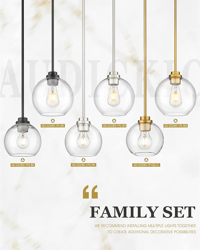 Pendant Lights Kitchen Island, 7" Modern Brushed Nickel Hanging Lights Fixtures with Clear Glass Globe Shade, Kitchen Island Lighting for Bathroom, AD-22280-1P-SN-C