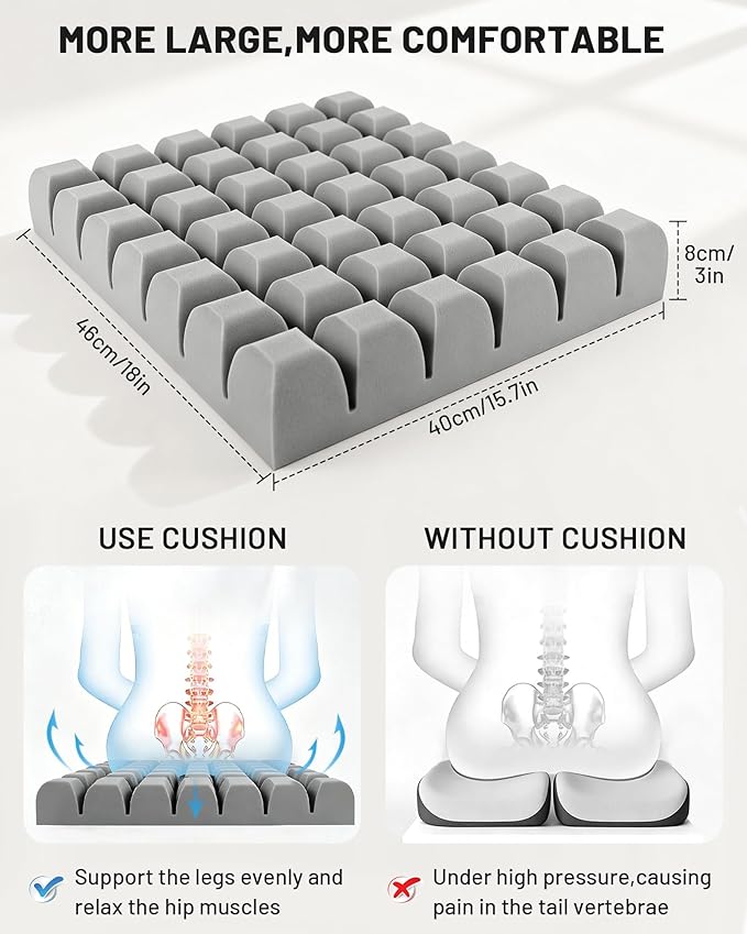 Wheelchair Cushions for Pressure Relief, Waffle Seat Cushion Foam Pad - Relieves Back, Sciatica, Tailbone & Hip Pressure for Long Sitting – Ideal for Office Chair, Recliner, Car Seat, 18'x16'x3', Gray