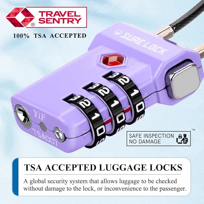 SURE LOCK TSA Approved Luggage Locks – 3-Digit Combination Cable Lock with Red Indicator, Large Dial & Easy-Press Button for Suitcases and Backpacks – Multi-Pack & Color Options