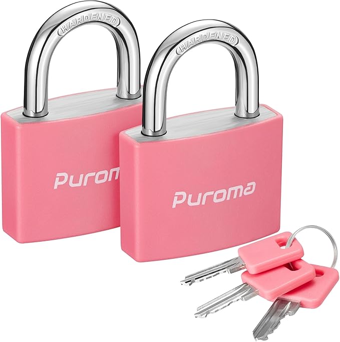 Puroma Lock Keyed Padlock, 2 Pack Aluminum Locks with 3 Keys Alike, 7/8 Inch Locker Lock 43mm Small Padlocks for Gate, Fence, Shed, Toolbox, School Gym Locker (Pink)