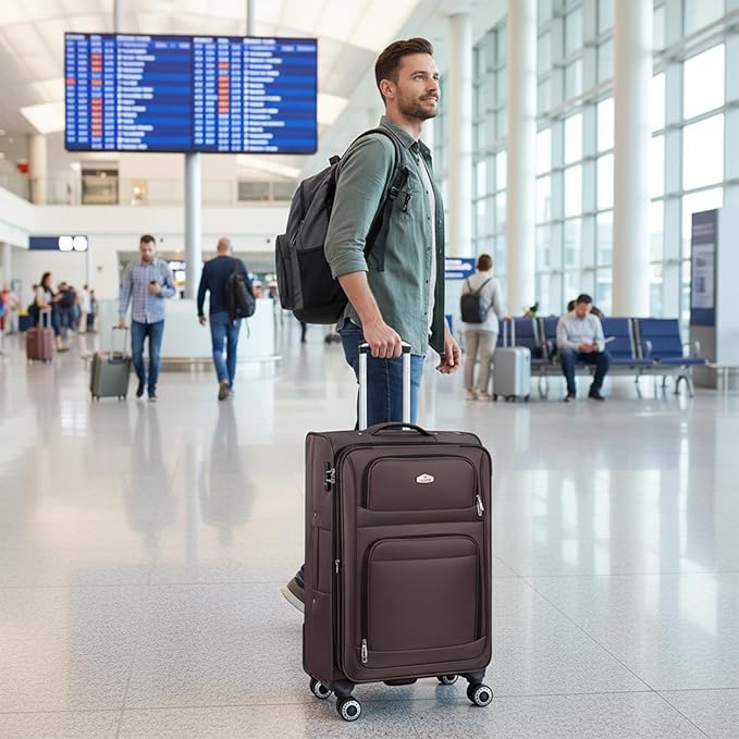 26" Luggage Softside Expandable 15% Checked Luggage with Double Spinner Wheels Combination LOCK,Lightweight Travel Suitcase for Men/Women（Coffee,26in）