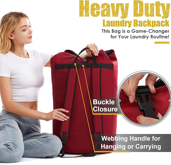 Backpack Laundry Bag, 115L Heavy Duty Extra Large College Laundry Backpack, Dirty Clothes Bag with Shoulder Straps, Laundry Hamper Bag with Drawstring Closure for College Dorm, Apartment Red
