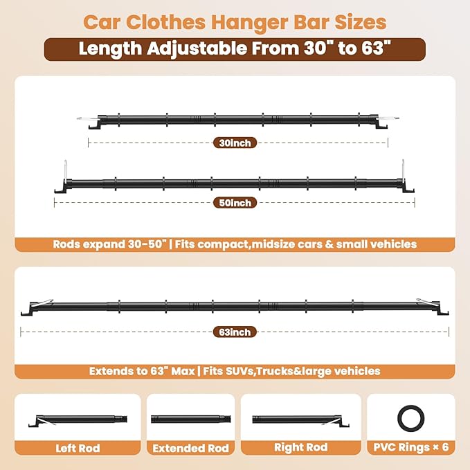 Car Hanging Accessories,Travel Hangers,Telescopic Adjustable 30-63 Inches for Compact & midsize Cars,Automotive,SUVs,Trucks,Black