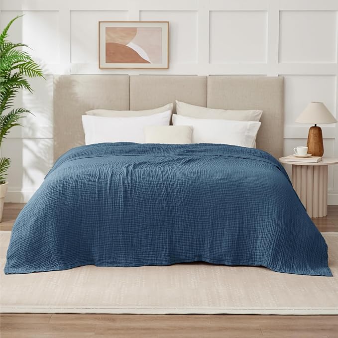 100% Cotton Muslin Blanket California King 120" x 90", 6 Layers Breathable and Lightweight Oversized Blankets for Bed, Soft Cooling Gauze Blanket for Adults All Season, Dark Blue