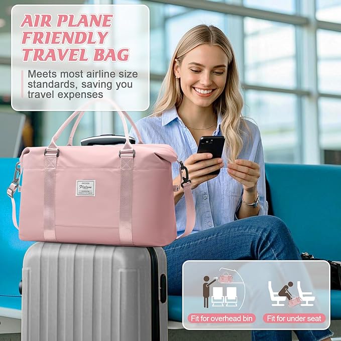 Womens travel bags, weekender carry on for women, sports Gym Bag, workout duffel bag, overnight shoulder Bag fit 15.6 inch Laptop Pink Large