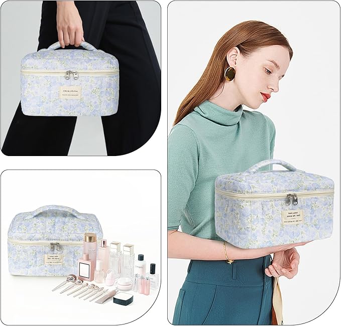 1pc Large Makeup Bag, Cute Cosmetic Bag for Women Girls, Floral Coquette Aesthetic Toiletry Bag, Travel Make Up Organizer Bag (Green Leaves Blue Flowers)