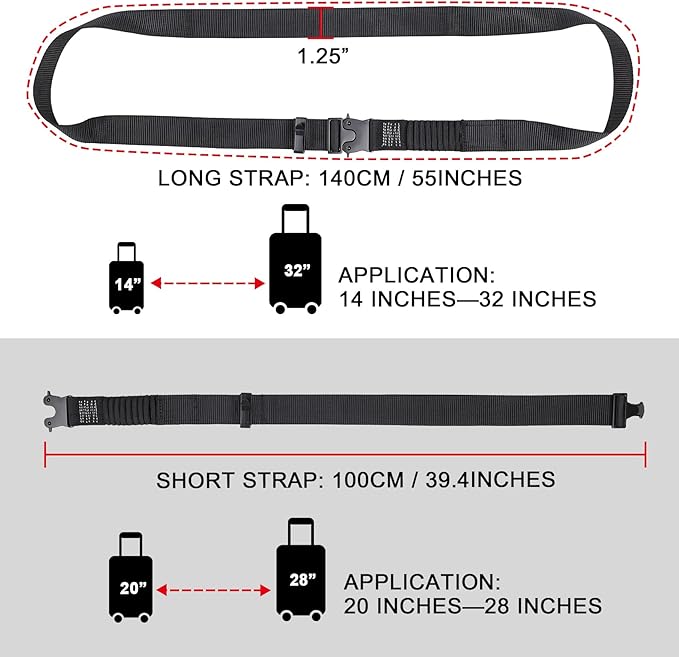 Luggage Straps, Stretchable Luggage Connector Straps for Suitcases, Metal Buckle Add A Bag Adjustable Attachment Accessories Belts (Black-All Metal Buckle, 1.25" W)