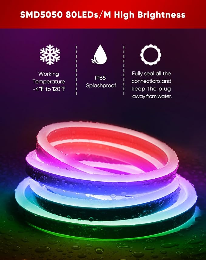 LED RGB Neon Rope Lights AC 120V, Expandable & Cuttable Bright Strip Lighting with Remote, Dimmable Color Changing, ETL Cold-Resistant & IP65 Waterproof for in&Outdoor, 10x20mm, 16.4FT