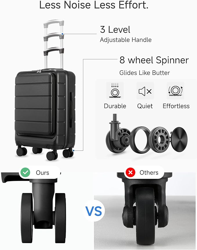 Carry On Luggage 22x14x9 Airline Approved, 20" Hardside Suitcase with Front Pocket for Laptop, Lightweight Spinner Luggage with TSA Lock & Matching Tote Bag (3 Piece Sets, Black)