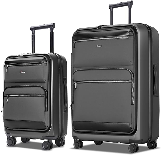 Luggage Sets 2 Piece, Carry On Luggage with Front Pocket & USB Port and 28 Inch Expandable Checked Luggage, Hybrid Soft Front & Hard Shell Suitcases with Spinner Wheels & TSA Lock, Grey