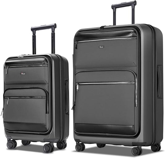 Luggage Sets 2 Piece, Carry On Luggage with Front Pocket & USB Port and 28 Inch Expandable Checked Luggage, Hybrid Soft Front & Hard Shell Suitcases with Spinner Wheels & TSA Lock, Grey