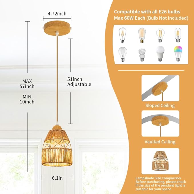 Boho Rattan Pendant Light for Kitchen Island Cone Hanging Lamp | Handwoven Rattan Shade Adjustable Height 10-57 Inch E26 Base Farmhouse Chandeliers for Kitchen Islands And Dining Rooms