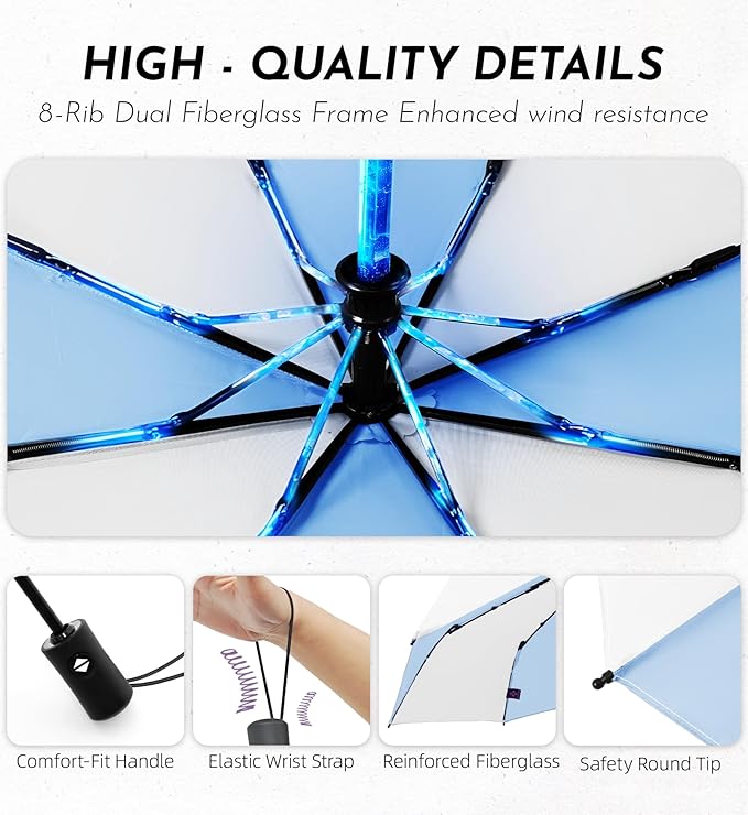 Windproof Travel Umbrella for Rain - 43" Auto Open Close 8-Rib Compact, Stylish Two-Tone Color Block Design, Easy-Close Folding Portable Parasol for Men & Women