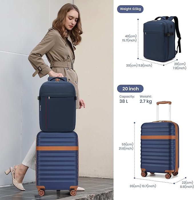 Kono Airline Approved Suitcase Set 3 Piece Luggage Set Lightweight Carry On Travel Luggage, TSA Lock Spinner Wheels Hardshell (Navy/Brown, (BP/20))
