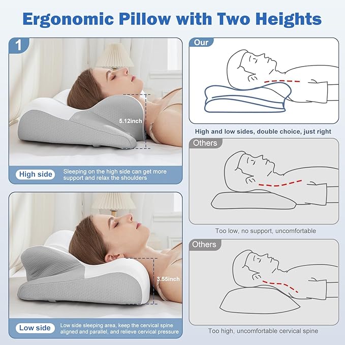 Cervical Neck Pillow for Sleeping - Cooling Ergonomic Memory Foam Pillow for Neck Pain Relief, Soft and Stretchy, Relieves Shoulder Pressure, Side Sleepers, Cooling and Breathable Ice Silk Pillowcase