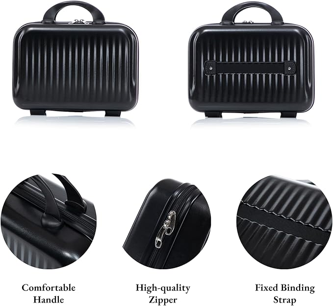 2 Pcs ABS Spinner Luggage Set - 14" Cosmetic Case & 20" Carry-On with Combination Lock, Front Opening Design, Black