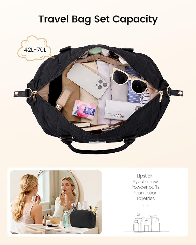 LOVEVOOK Travel Duffel Bag - Versatile Weekender Bag for Women, Puffer Carry On & Overnight Bag for Short Trips, Black