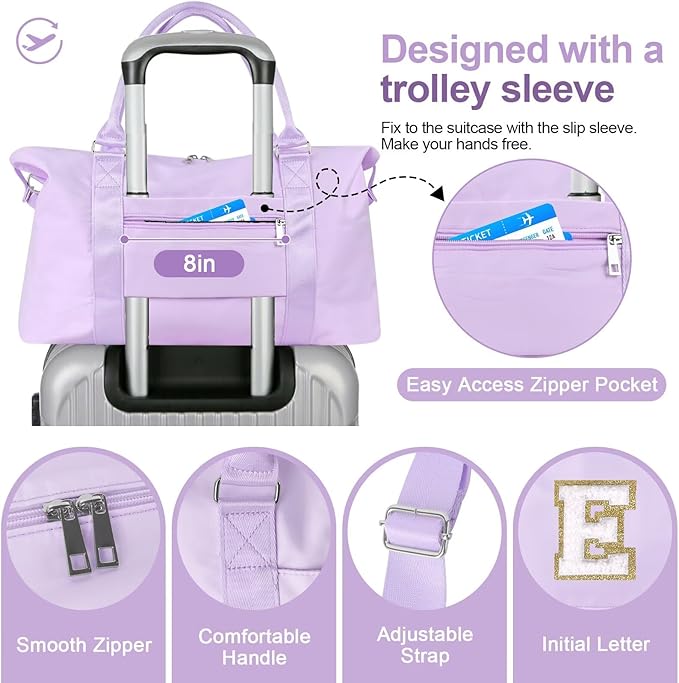 Dance Gym Duffel Bag for Teen Girls, Personalized Initial Travel Weekender Bag,Cute Overnight Carry On Duffle for Women,Sports Travel Cheer Bag,Monogram Christmas Gifts for Tween Preppy(purple-E)