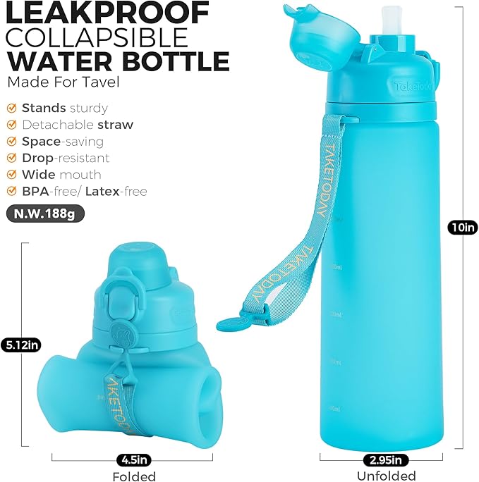 TakeToday Collapsible Water Bottles 21oz (600mL), Foldable Platinum Silicone Travel Water Bottle with Straw & Carry Strap, Leak-Resistant Screw Lid, Wide Mouth, BPA-Free for Hiking, Camping, Travel