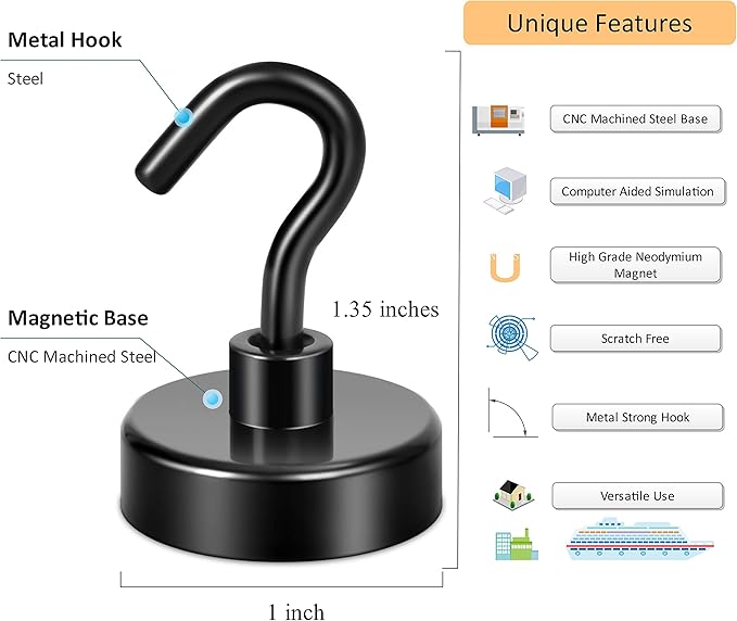 Neosmuk Magnetic Hooks,Heavy Duty Earth Magnets with Hook for Refrigerator, Extra Strong Cruise Hook for Hanging, Magnetic Hanger for Curtain, Grill(Matte Black, 6 Pack)