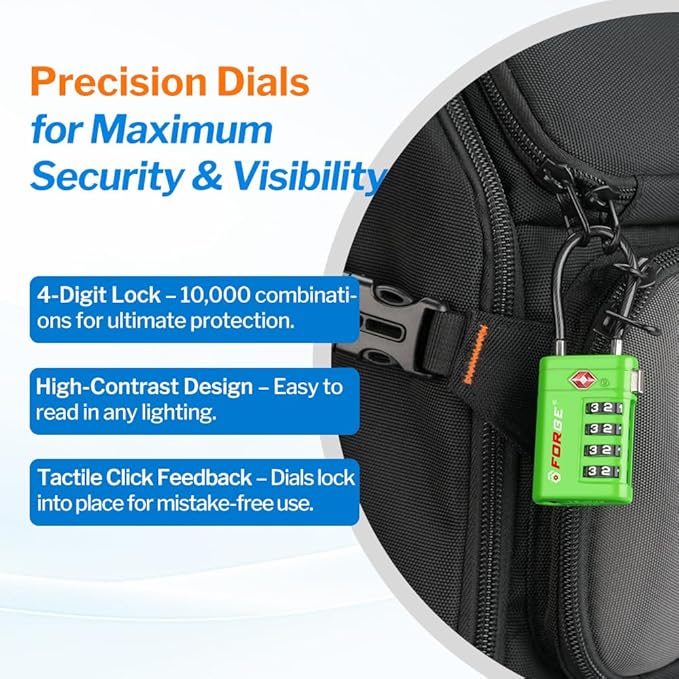 Forge TSA Approved Luggage Locks 4 Digit Combination TSA Travel Locks with TSA008, Open Alert Indicator, Zinc Alloy Body for Luggage, Suitcase, Backpack, and More. Green 2 Locks.