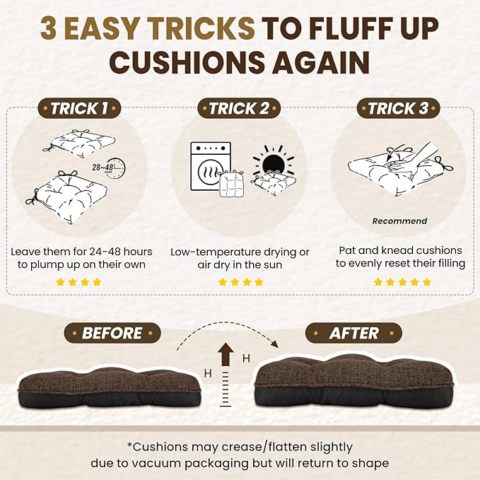 downluxe Indoor Chair Cushions for Dining Chairs, Tufted Overstuffed Textured Foam Kitchen Chair Pads with Ties and Non-Slip Backing, 15.5" x 15.5" x 4", Brown, 4 Pack