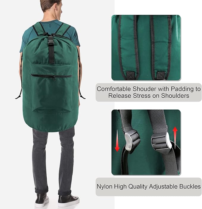 BeeGreen Laundry-Bag-Backpack-Heavy-Duty, Green Nylon Drawstring Portable Laundry Backpack Tall Foldable Extra Large Dirty Clothes Travel Bag with Handle College Dorm Apartment Essentials