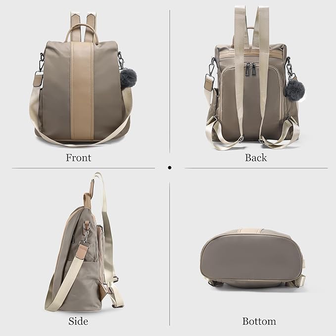 PINCNEL Women Khaki Medium Backpack Purse Waterproof Nylon Anti-theft Rucksack Lightweight Shoulder Bag