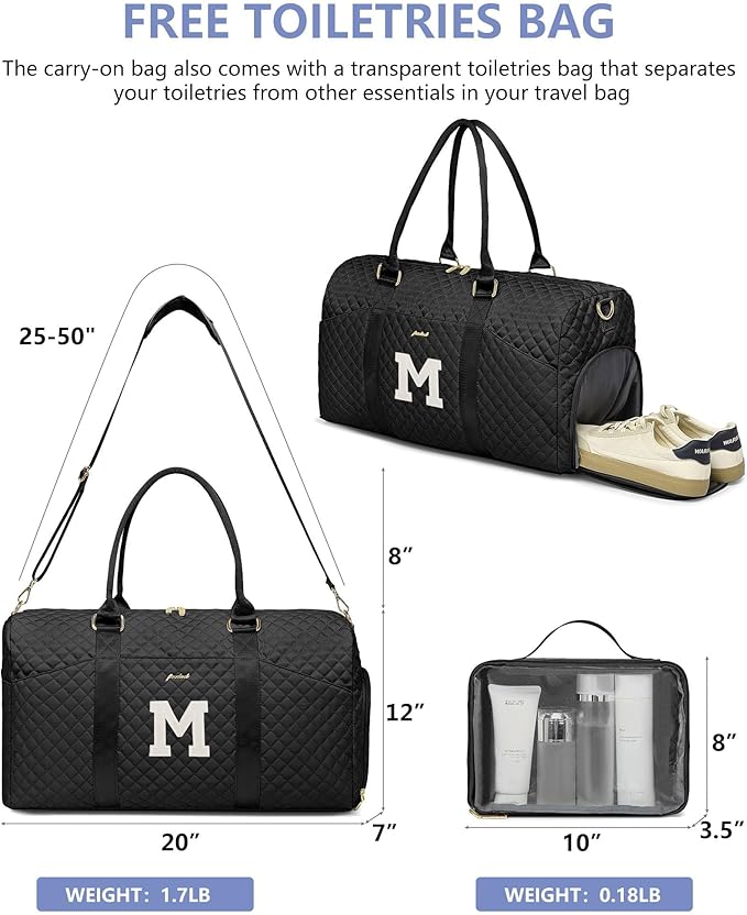 Women Weekender Travel Duffle Bag: Initial Duffel Overnight Bags with Shoe Compartment Large Carry on Tote with Toiletry Bag Weekend Traveling Yoga Gym Hospital Bag for Women with Wet Pocket Letter M
