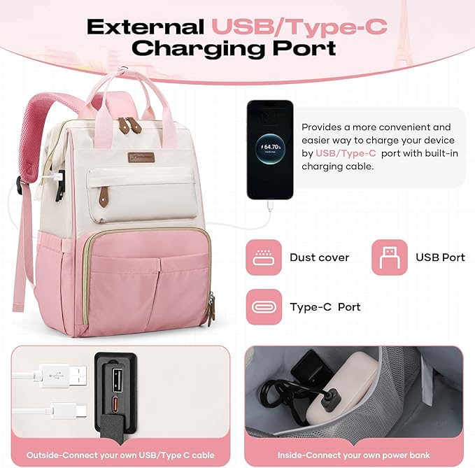 Maelstrom Travel Backpack for Women Men,Laptop Backpack Fits 15.6-17.3 Inch Laptop, Nurse/Work Bag with Insulated Lunch Box (Pink-beige)