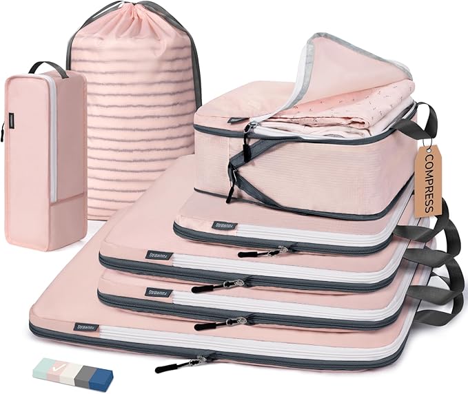 CherryNow Compression Packing Cubes, 7 Set Packing Cubes for Travel Women, Travel Essentials for Suitcase, Luggage Organizer Bags, Pink