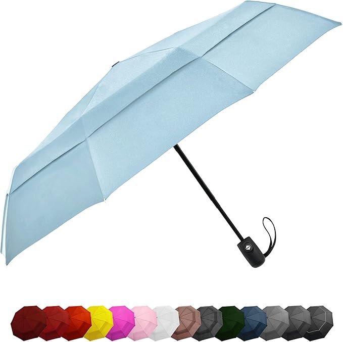 Windproof Compact Umbrella for Rain - 42” Travel Umbrella, Portable, Strong, Collapsible to 11”, Automatic Open Close Button, Vented Double Canopy with Fiberglass/Steel Frame, Wind Resistance to 55MPH